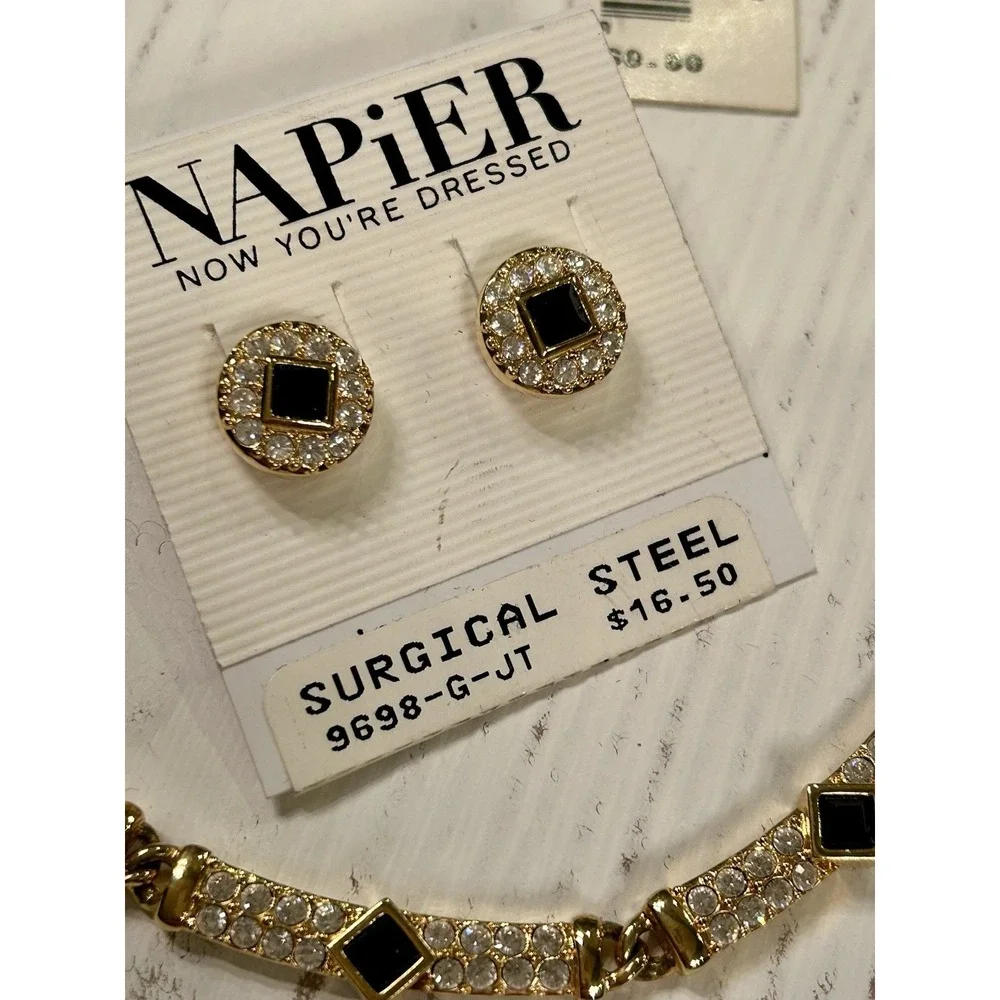 Vintage RUNWAY NAPIER 1990 NOS Black Clear Crystal Necklace & Earrings Orig Tags